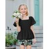 Arshiner Girls 2 Piece Outfits Summer Clothes Square Neck Puffed Sleeve Bubble Hem Tops Shirt and Casual Short Set(Black-hawaii Flower)