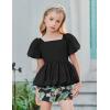 Arshiner Girls 2 Piece Outfits Summer Clothes Square Neck Puffed Sleeve Bubble Hem Tops Shirt and Casual Short Set(Black-hawaii Flower)