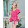 Arshiner Girls 2 Piece Outfits Summer Clothes Square Neck Puffed Sleeve Bubble Hem Tops Shirt and Casual Short Set(Hot Pink-strips)