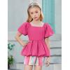Arshiner Girls 2 Piece Outfits Summer Clothes Square Neck Puffed Sleeve Bubble Hem Tops Shirt and Casual Short Set(Hot Pink-strips)