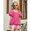 Arshiner Girls 2 Piece Outfits Summer Clothes Square Neck Puffed Sleeve Bubble Hem Tops Shirt and Casual Short Set(Hot Pink-strips)