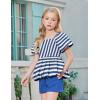 Arshiner Girls 2 Piece Outfits Summer Clothes Square Neck Puffed Sleeve Bubble Hem Tops Shirt and Casual Short Set(Navy-strips)