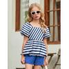 Arshiner Girls 2 Piece Outfits Summer Clothes Square Neck Puffed Sleeve Bubble Hem Tops Shirt and Casual Short Set(Navy-strips)