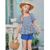 Arshiner Girls 2 Piece Outfits Summer Clothes Square Neck Puffed Sleeve Bubble Hem Tops Shirt and Casual Short Set(Navy-strips)