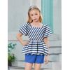 Arshiner Girls 2 Piece Outfits Summer Clothes Square Neck Puffed Sleeve Bubble Hem Tops Shirt and Casual Short Set(Navy-strips)
