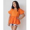Arshiner Girls 2 Piece Outfits Summer Clothes Square Neck Puffed Sleeve Bubble Hem Tops Shirt and Casual Short Set(Orange-print)
