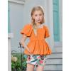 Arshiner Girls 2 Piece Outfits Summer Clothes Square Neck Puffed Sleeve Bubble Hem Tops Shirt and Casual Short Set(Orange-print)