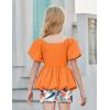 Arshiner Girls 2 Piece Outfits Summer Clothes Square Neck Puffed Sleeve Bubble Hem Tops Shirt and Casual Short Set(Orange-print)