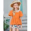 Arshiner Girls 2 Piece Outfits Summer Clothes Square Neck Puffed Sleeve Bubble Hem Tops Shirt and Casual Short Set(Orange-print)