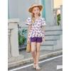 Arshiner Girls 2 Piece Outfits Summer Clothes Square Neck Puffed Sleeve Bubble Hem Tops Shirt and Casual Short Set(Purple-butterfly)