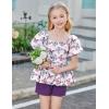 Arshiner Girls 2 Piece Outfits Summer Clothes Square Neck Puffed Sleeve Bubble Hem Tops Shirt and Casual Short Set(Purple-butterfly)