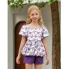 Arshiner Girls 2 Piece Outfits Summer Clothes Square Neck Puffed Sleeve Bubble Hem Tops Shirt and Casual Short Set(Purple-butterfly)