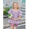 Arshiner Girls 2 Piece Outfits Summer Clothes Square Neck Puffed Sleeve Bubble Hem Tops Shirt and Casual Short Set(Purple-flower)
