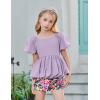Arshiner Girls 2 Piece Outfits Summer Clothes Square Neck Puffed Sleeve Bubble Hem Tops Shirt and Casual Short Set(Purple-flower)