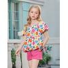 Arshiner Girls 2 Piece Outfits Summer Clothes Square Neck Puffed Sleeve Bubble Hem Tops Shirt and Casual Short Set(Rose Red-flower)