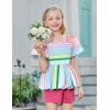 Arshiner Girls 2 Piece Outfits Summer Clothes Square Neck Puffed Sleeve Bubble Hem Tops Shirt and Casual Short Set(Rose Red-stripes)
