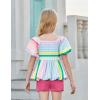 Arshiner Girls 2 Piece Outfits Summer Clothes Square Neck Puffed Sleeve Bubble Hem Tops Shirt and Casual Short Set(Rose Red-stripes)