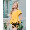 Arshiner Girls 2 Piece Outfits Summer Clothes Square Neck Puffed Sleeve Bubble Hem Tops Shirt and Casual Short Set(Yellow-sunflower)