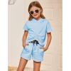 Arshiner Girls 2 Piece Outfits Summer Clothing Sets Short Sleeve Drawstring Hoodie T-Shirt and Letter Print Waist Short(Blue)
