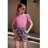 Arshiner Girls 2 Piece Summer Outfits Knit Twist Puff Sleeve Top and High Waist Paper Bag Shorts Set with Pockets(Deep Pink Flower)