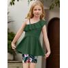 Arshiner Girls Clothes Summer 2 Piece Outfits Adjustable One Shoulder Ruffle Trim Top and Biker Short Sets 6-14 Years(Dark Green-print)