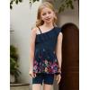 Arshiner Girls Clothes Summer 2 Piece Outfits Adjustable One Shoulder Ruffle Trim Top and Biker Short Sets 6-14 Years(Navy-flowers)