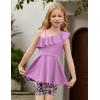 Arshiner Girls Clothes Summer 2 Piece Outfits Adjustable One Shoulder Ruffle Trim Top and Biker Short Sets 6-14 Years(Purple-flowers)