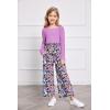Arshiner Girls Clothing Sets Square Neck Rib Knit Shirts + Stylish Wide Leg Pants + Headband Cute 3pcs Fall Clothes Outfits(Purple + Floral)