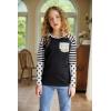 Arshiner Girls Long Sleeve Shirts Color Block Casual Cute Top Tee Blouse with Fashion Pocket(Black/Stripes/Dot)