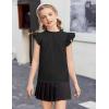 Arshiner Girls Ruffle Short Sleeve Shirts Cute Summer Frill Neck Pleated Textured Blouse Tops(Black)