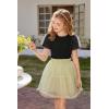 Arshiner Girls Shirts Mesh Puff Short Sleeves Blouse Crewneck Cute Print Summer Kids Tee Tops(Black)