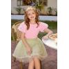 Arshiner Girls Shirts Mesh Puff Short Sleeves Blouse Crewneck Cute Print Summer Kids Tee Tops(Pink)