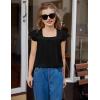 Arshiner Girls Shirts Short Sleeve Square Neck Summer Lace Openwork Pleated Tops Blouse Tunic(Black)