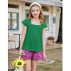 Arshiner Girls Shirts Short Sleeve Square Neck Summer Lace Openwork Pleated Tops Blouse Tunic(Green)