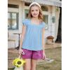 Arshiner Girls Shirts Short Sleeve Square Neck Summer Lace Openwork Pleated Tops Blouse Tunic(Light Blue)