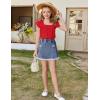 Arshiner Girls Shirts Short Sleeve Square Neck Summer Lace Openwork Pleated Tops Blouse Tunic(Red)