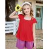 Arshiner Girls Shirts Short Sleeve Square Neck Summer Lace Openwork Pleated Tops Blouse Tunic(Red)
