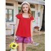 Arshiner Girls Shirts Short Sleeve Square Neck Summer Lace Openwork Pleated Tops Blouse Tunic(Red)