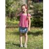 Arshiner Girls Shirts Short Sleeve Square Neck Summer Lace Openwork Pleated Tops Blouse Tunic(Rose Red)