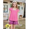 Arshiner Girls Shirts Short Sleeve Square Neck Summer Lace Openwork Pleated Tops Blouse Tunic(Rose Red)
