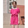 Arshiner Girls Short Set 2 Piece Summer Boho Clothes Tie-Back Puff Sleeve Top and Shorts with Pockets for 5-14 Years(Hot Pink)
