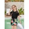 Arshiner Girls Short Sets 2 Pieces Outfits Short Sleeve Tie Knot T-Shirts and Casual Shorts With Pockets Cute Clothes Sets(Black Hawaii Flower)