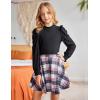 Arshiner Girls Skirt Set Knit Puff Sleeve Turtleneck Sweater Tops and Flared Mini Skirts with Pockets Clothing Sets(Black and Plaid 1)