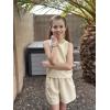 Arshiner Girls Summer 2 Piece Outfit Sleeveless Top and Paperbag Waist Shorts with Pockets Kids Shorts Set Ages 5-13(Kahaki)