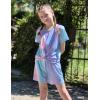Arshiner Girls Summer 2 Piece Outfits Tie Dye Short Sets Casual Twist Front Short Sleeve Tops and Pant with Pockets(Green&pink)