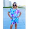 Arshiner Girls Summer 2 Piece Outfits Tie Dye Short Sets Casual Twist Front Short Sleeve Tops and Pant with Pockets(Purple&blue)