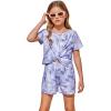 Arshiner Girls Summer 2 Piece Outfits Tie Dye Short Sets Casual Twist Front Short Sleeve Tops and Pant with Pockets(White&purple)