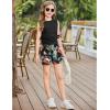 Arshiner Girls Summer Clothing Sets 2 Piece Outfits Knit Ruched Knot Side Tank Top and High Waist Shorts with Pockets(Black Hawaii Flower)