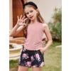 Arshiner Girls Summer Clothing Sets 2 Piece Outfits Knit Ruched Knot Side Tank Top and High Waist Shorts with Pockets(Deep Pink Flower)