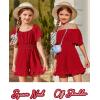 Arshiner Girls Summer Jumpsuits Tie Back Off Shoulder Short Sleeve One Piece Rompers Ruffle Smocked Casual Shorts Outfits(Wine Red)